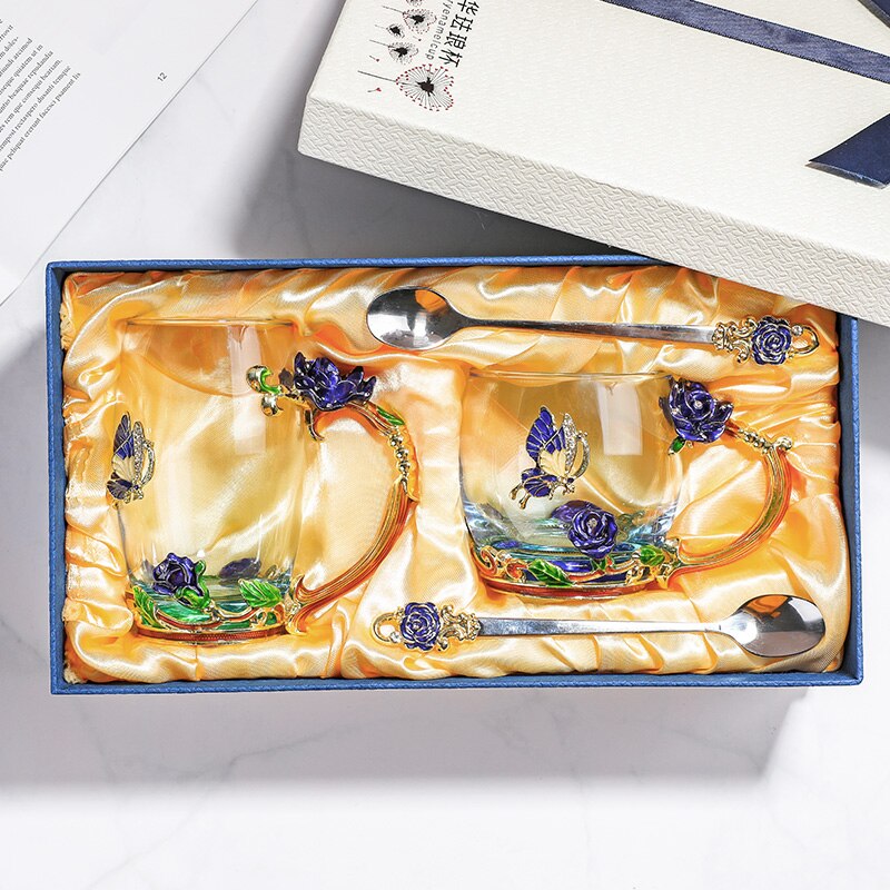Röd blå ros emalj kristall tekopp kaffekopp fjärilsrosa målad blomma vattenkopp genomskinligt glas sked set  lb51232