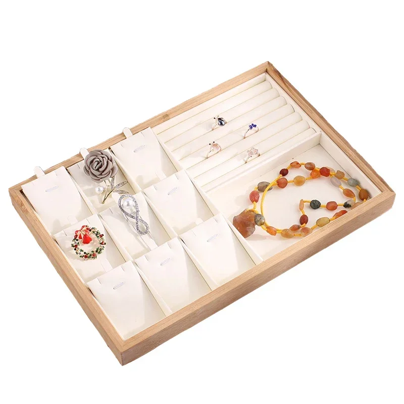 PU Leather Bamboo Jewelry Display Tray Necklace Bracelet Bangle Rings Earrings Display Jewelry Organizer Holder Showcase