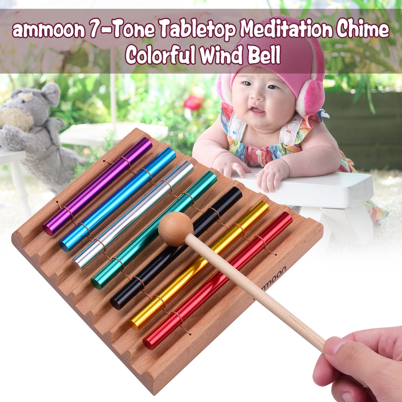 Ammoon-campanilla de meditación de 7 tonos para niños, campanilla de viento colorida, Juguete Musical educativo, instrumento de percusión con mazo