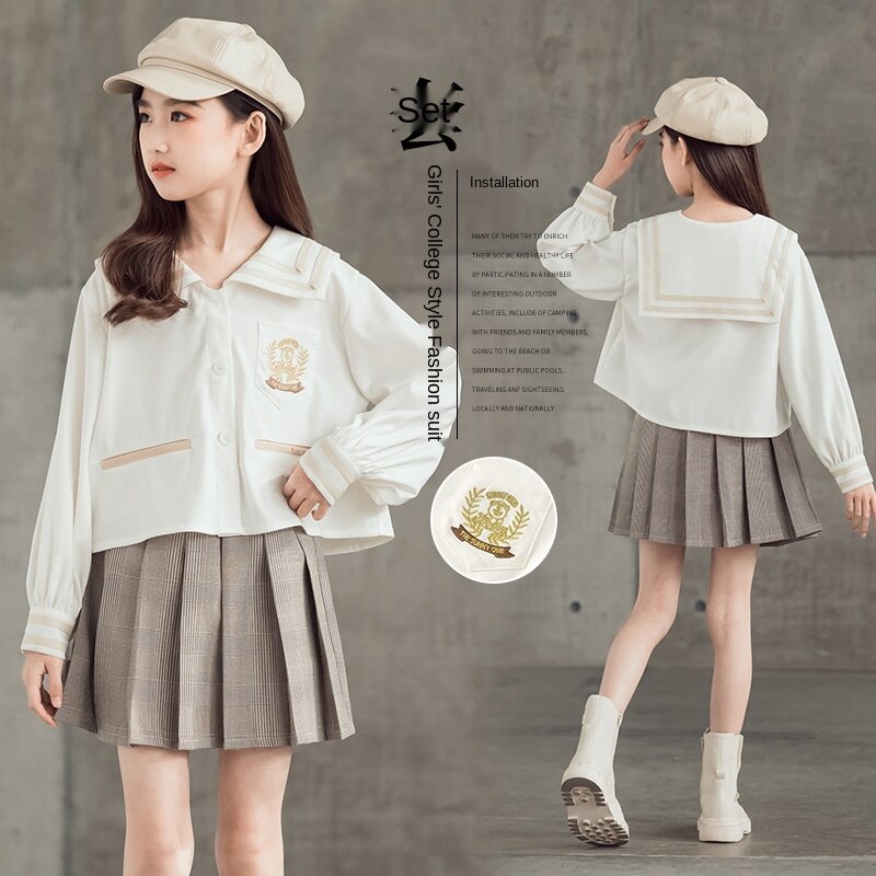 Children's Spring Polyester Blouse Suits Middle School Students Korean College Style Pleated Skirt Girls Two-piece SuitLB271