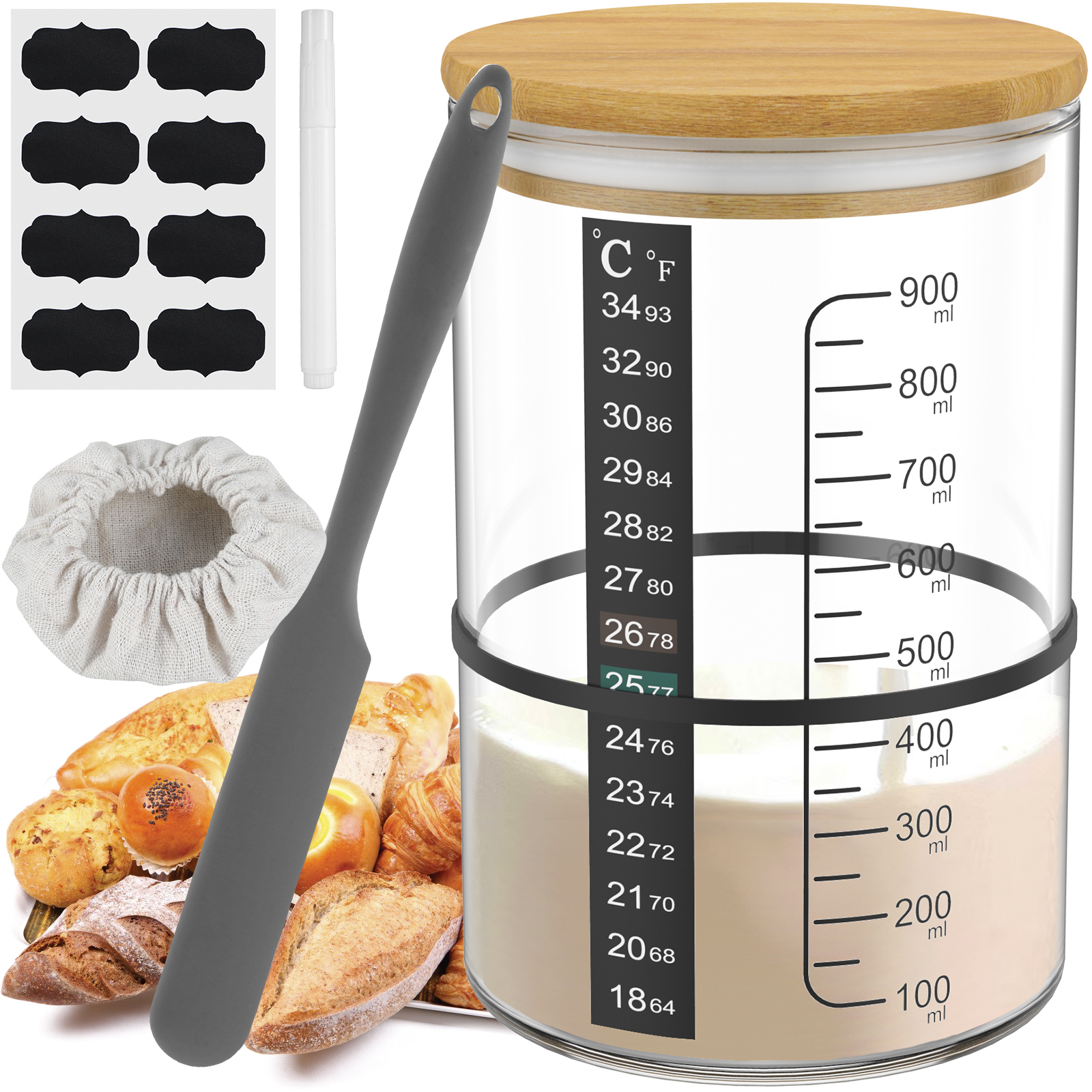 Pot de Fermentation au levain 900ml, récipient de démarrage au levain, pot en verre transparent, fournitures de cuisson au levain, bouche large avec couvercle