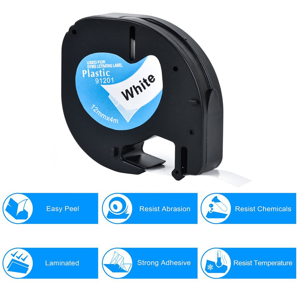 12Pcs Label Tape - 12mm - Plastic & Paper - For Dymo Letratag LT-100H Label Maker