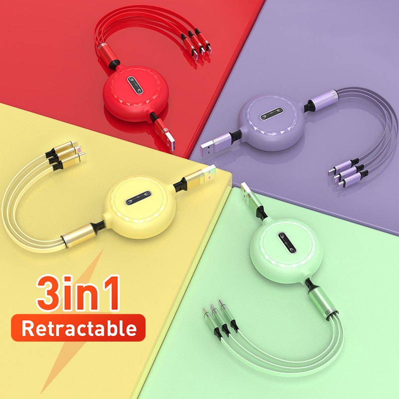 Voor Iphone 13 3in1 8 Pin Micro Usb Type C Kabel Voor Huawei Samsung Usb C Lader Kabel Intrekbare 120cm 3A Opladen Usb C Kabel