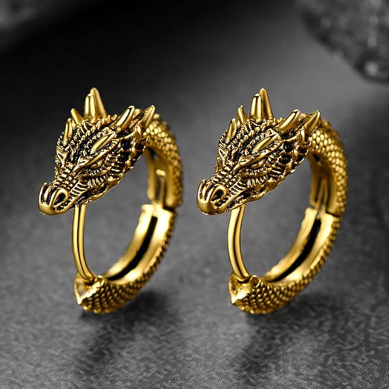 Huitan Trendy Mannelijke Draak Hoepel Oorbellen Hip Hop Stijl Punk Party Accessoires Unisex Dagelijks Wearable Persoonlijkheid Sieraden: Goud-kleur