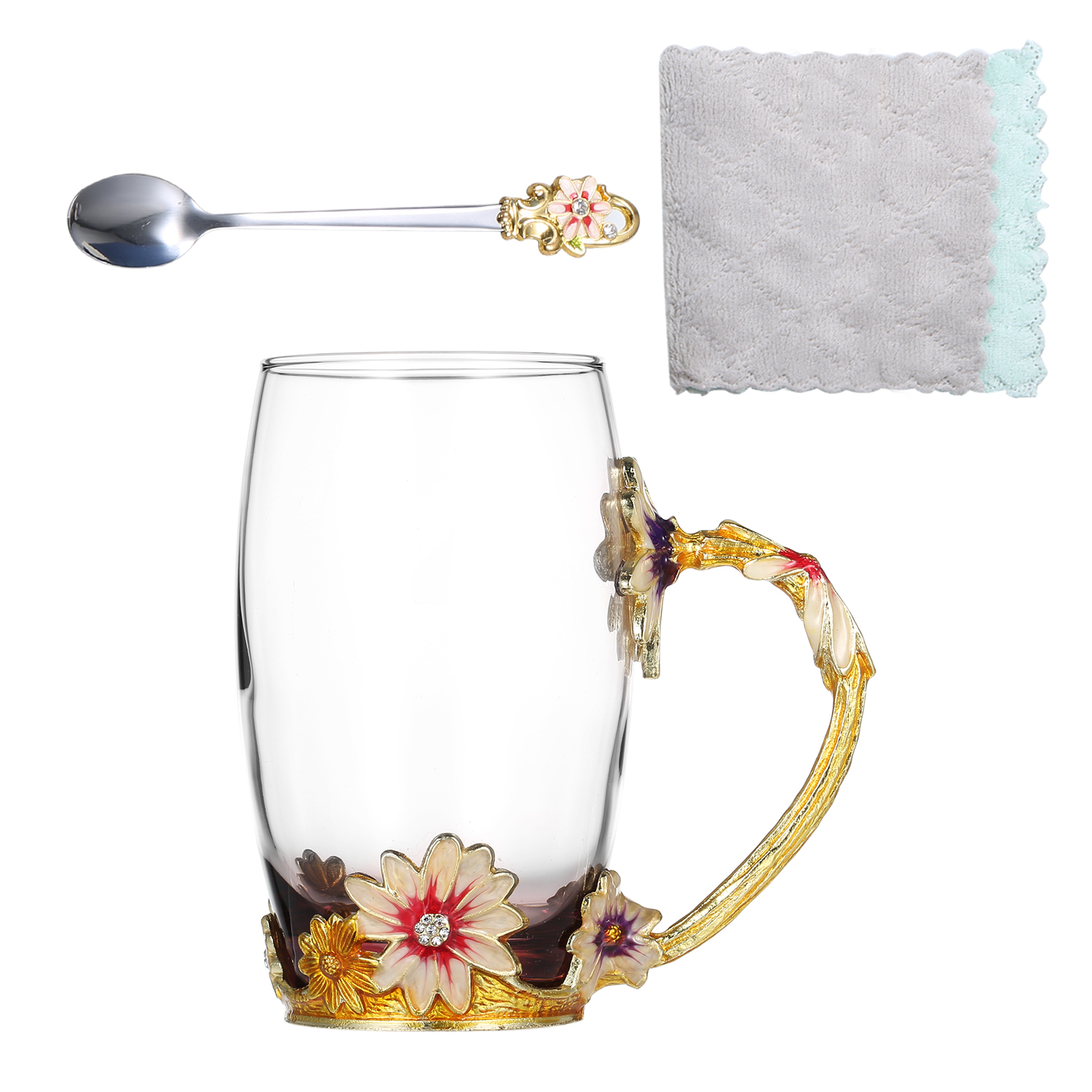 Blå rose emalje håndværksvandkop drikkekrus med hank te kaffekop med ske rengøringsklud sæt: Kaffe type 1
