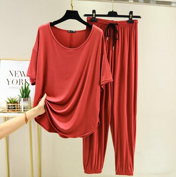 Pyjama ample grande taille pour femmes, vêtements de maison, ensemble deux pièces en coton, manches courtes, pantalon,: Brick red
