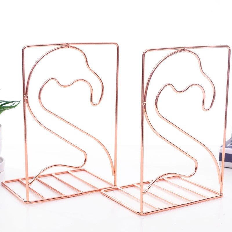 2 stk/par kaktus flamingo kærlighed formet metal bogstøtter skrivebord organizer opbevaring holder hylde jern støtte holder til bøger: Flamigo steg gylden