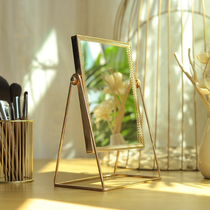 Retro luz de luxo europeu metal ouro espelho maquiagem casa desktop quadrado redondo espelhos decorativos wj527