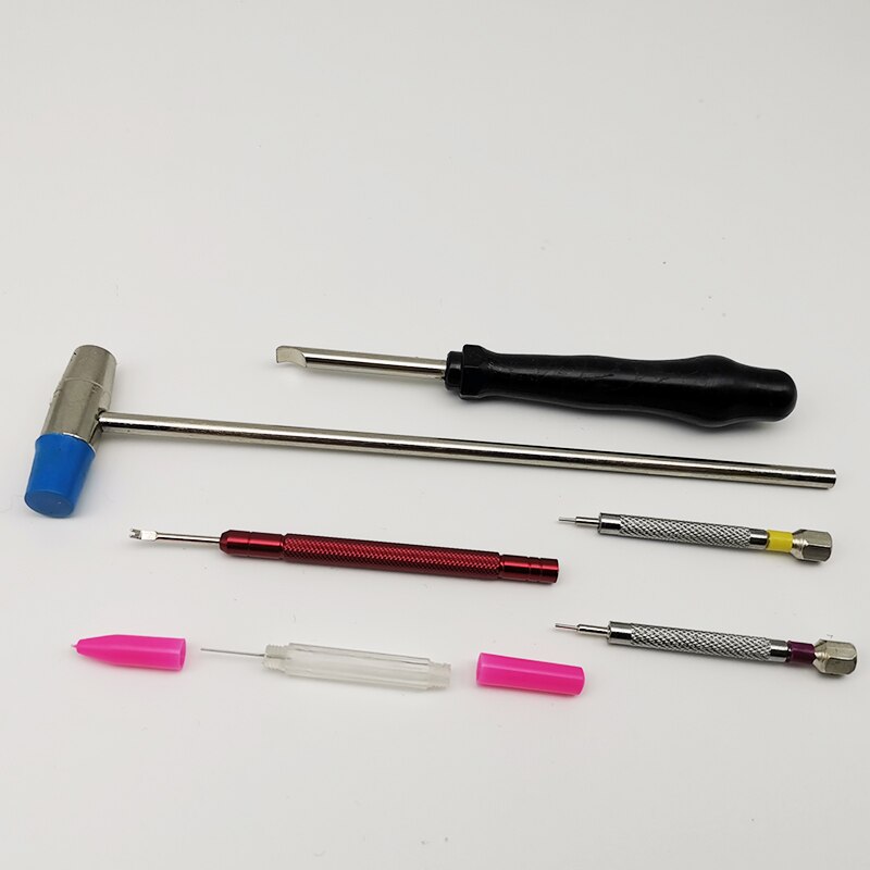 watch repair tool kit dust cover link remover opening strap movement holder hand presser spring bar adjustment hands set: Pink