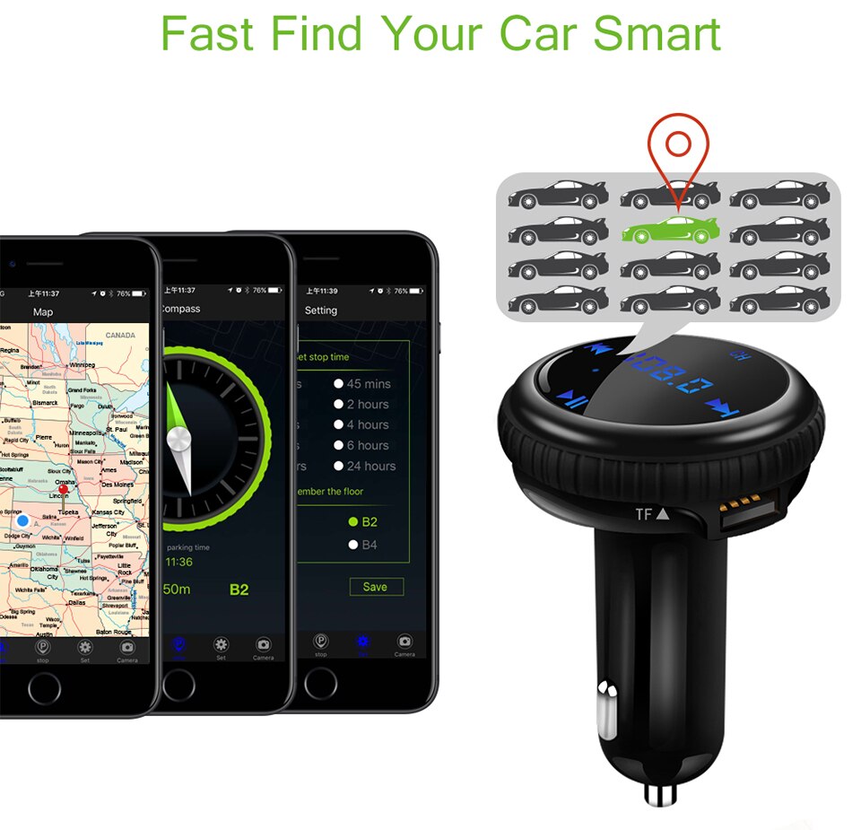 FM Transmitter Bluetooth Modulator Hands Free Car Kit with Car GPS Location Tracking Car MP3 Audio Player USB Charger LED