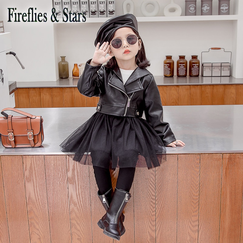 Lente Herfst Meisjes Pu Jas Baby Tutu Jas Peuter Uitloper Kids Streetwear Kleding Mode Fasux Lederen Mesh Patch 2 Te 7 Jr