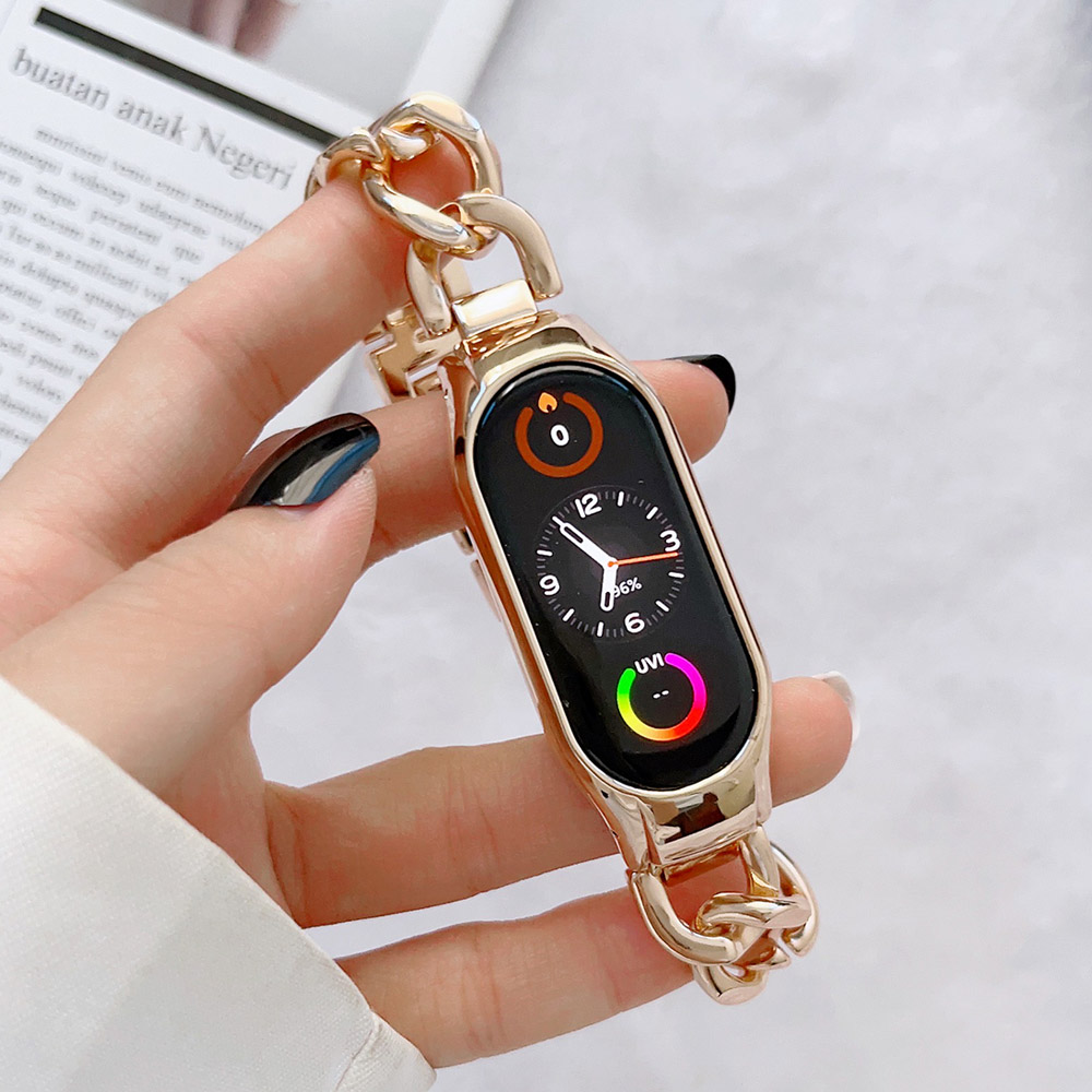 Roségoldenes Armbinde für Mi Band 7, Bänder, Zubehör, Armbinde für Xiaomi Mi Band 6, 5, 4, 3, Ersatzarmband aus Metalllegierung, Herren und Damen: M / Blau Weiß