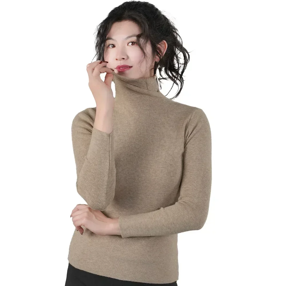 Damegenser vinter varm strikkeplagg med høy krage langermet slanke gensere dame termotopper klær pullover polohalsgensere: Brun