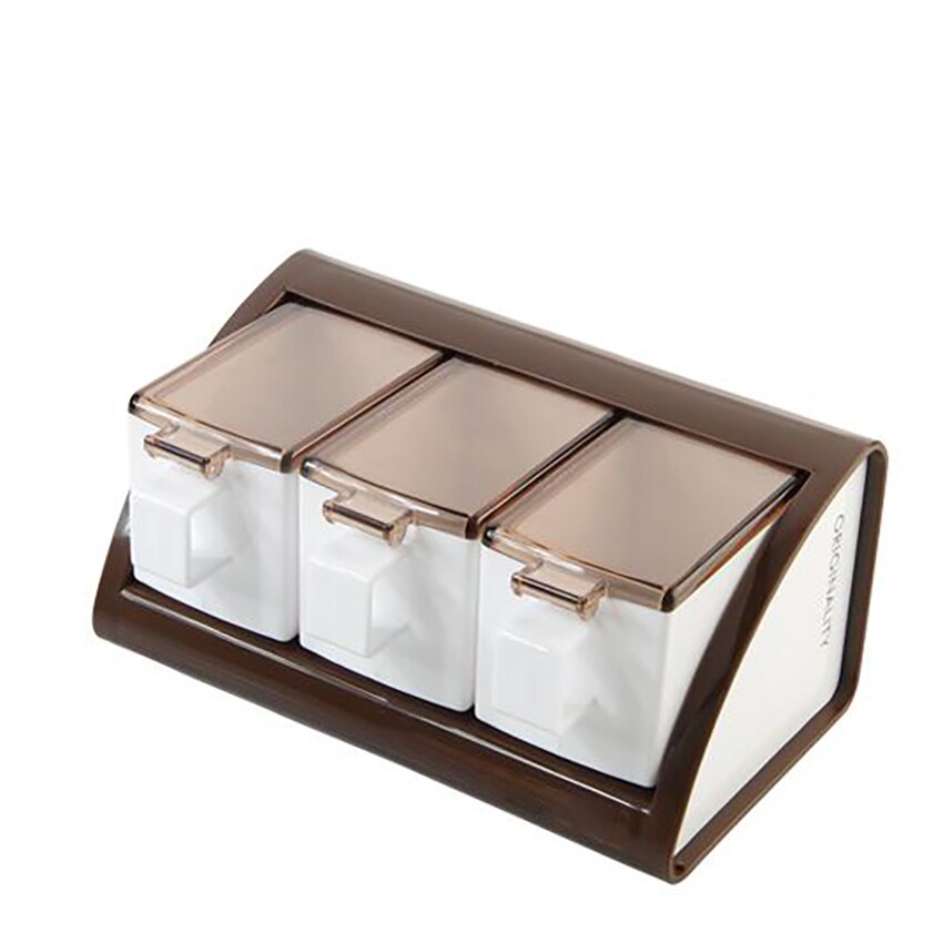 3/4 Grids Food Seasoning Box Container Kitchen Tools Wall Mounted Spice Boxes Salts Can Storage Bottle Seasoning Jar With Spoons: 3 grids