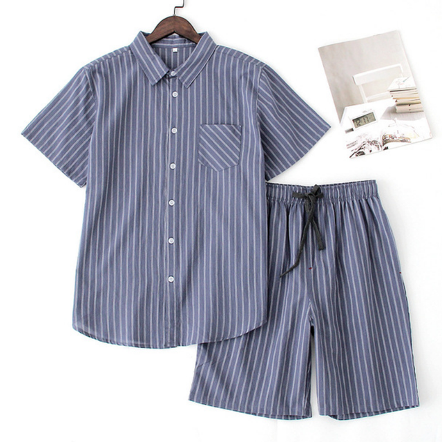 Man Zomer Pyjama Mannelijke Nachtkleding Korte Mouw Shirts Thuis Katoen Nachtkleding Slaap Tops &amp; Shorts Pyjama Set Mannen Homewear MY460: Smog Blue Stripe / L