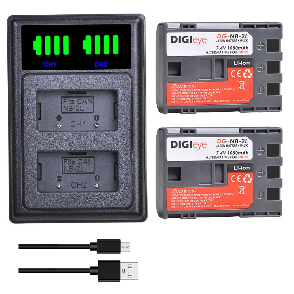 4Pcs NB-2L NB-2LH NB 2L NB2LH battery + LED Dual USB Charger Type C for Canon EOS 400D S80 S70 S50 S60 350D G7 G9 Rebel XT XTi: 2 battery set