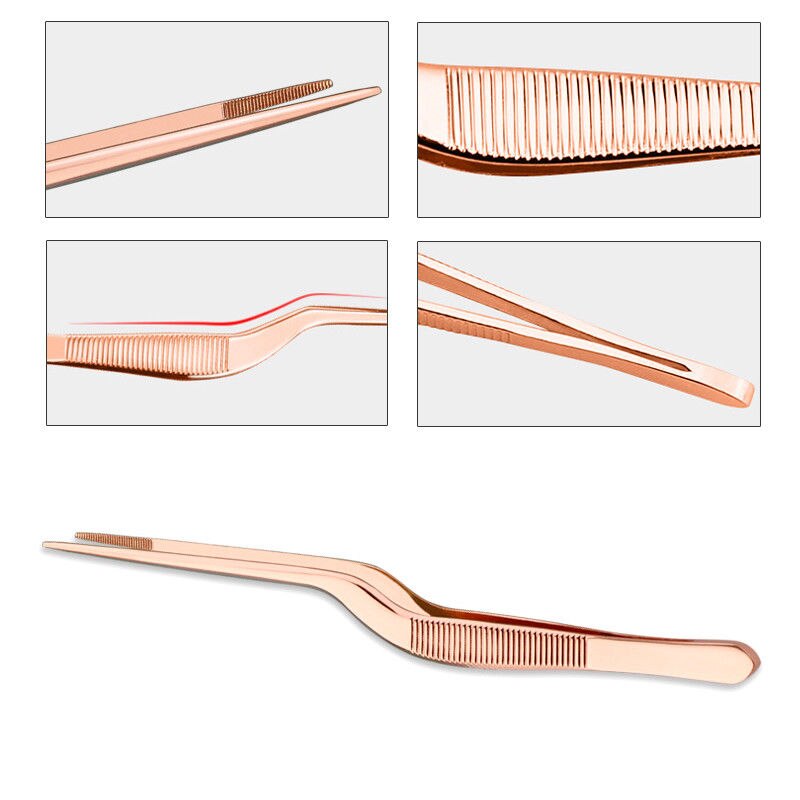 13.9cm Chef Plating Tweezer Tongs Serving Presentation Stainless Steel Offset Kitchen Tool Rose Gold