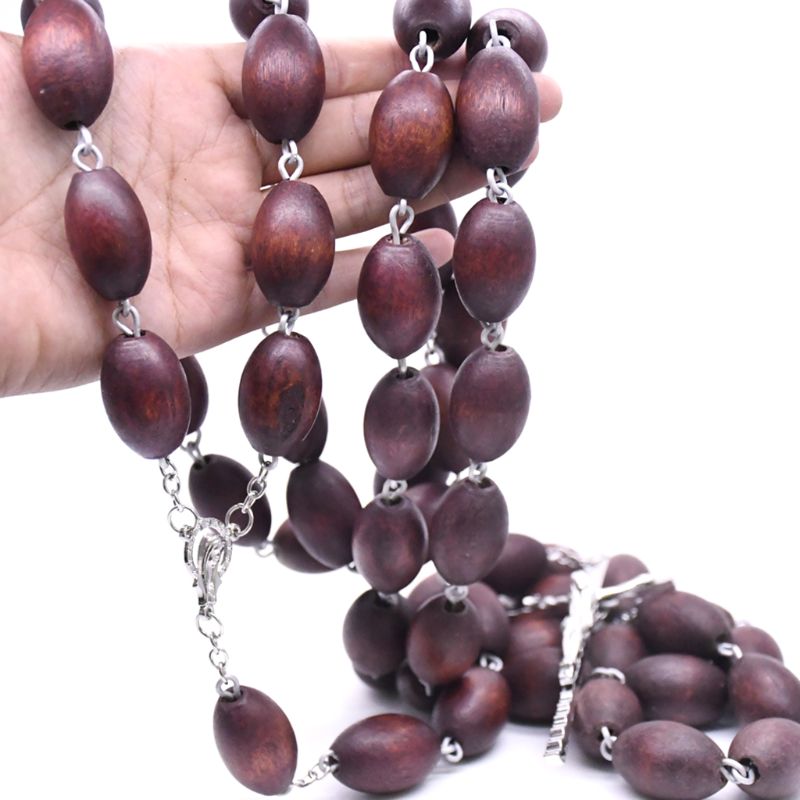 Handgemaakte Houten Kraal Katholieke Muur Decoratie Rozenkrans Kruis Religieuze Ketting Jesus Christian Sieraden Charm