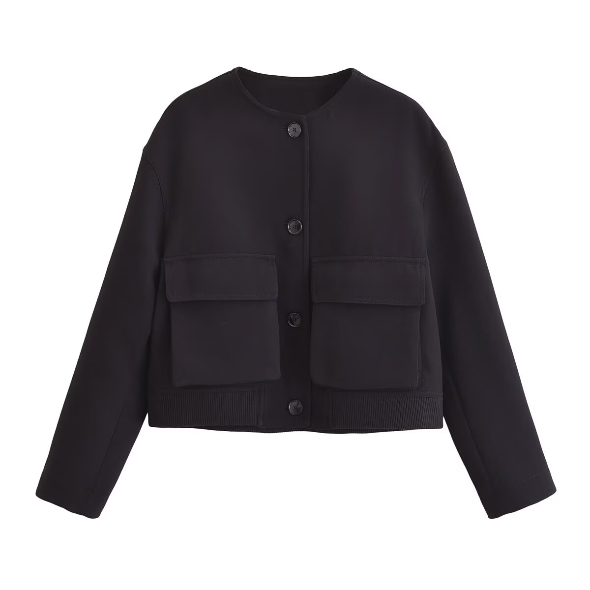 2024 autunno e inverno nuova moda donna semplice nero allentato girocollo tasca giacca corta cappotto: M