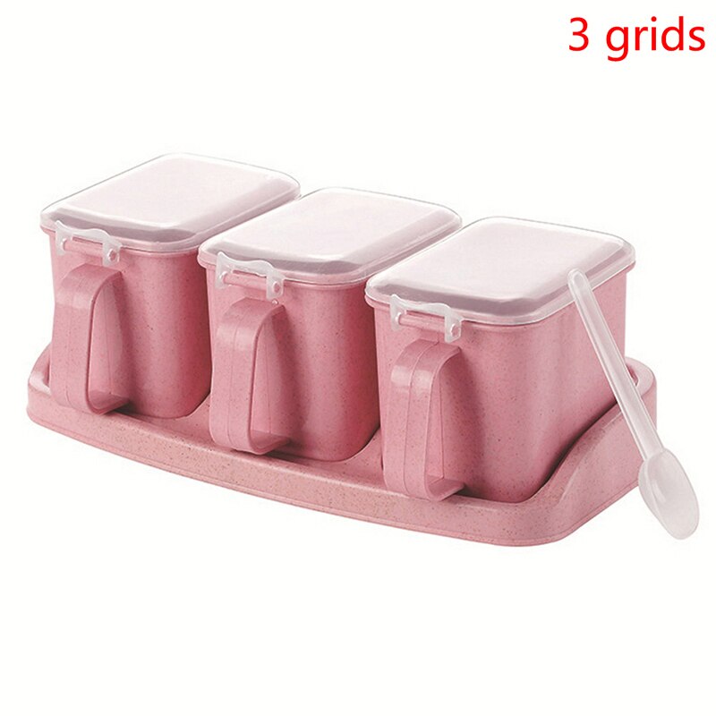 1 Set Salt Spice Jar Seasoning Containers With Spoon Storage Condiment Box: pink 3 grids