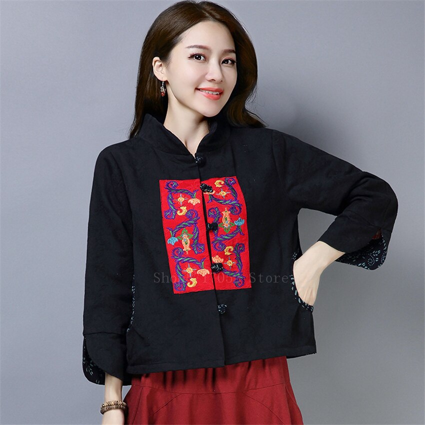Traje Oriental Wu Tang estilo chino superior ropa étnicos tradicionales mujeres niñas Retro bordado Chaqueta corta Camisa Negra: Color2 / 2XL