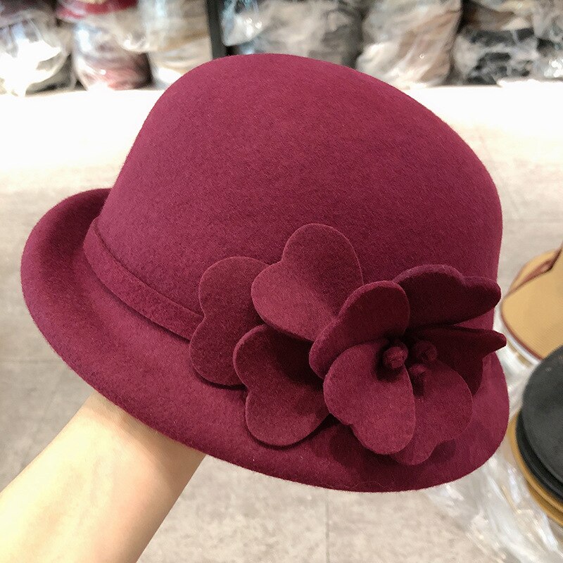 Sombrero Fedora con flores para mujer, sombrero de lana de 100% estilo inglés, Estilo Vintage, Boina de pintor francés,: Burgundy