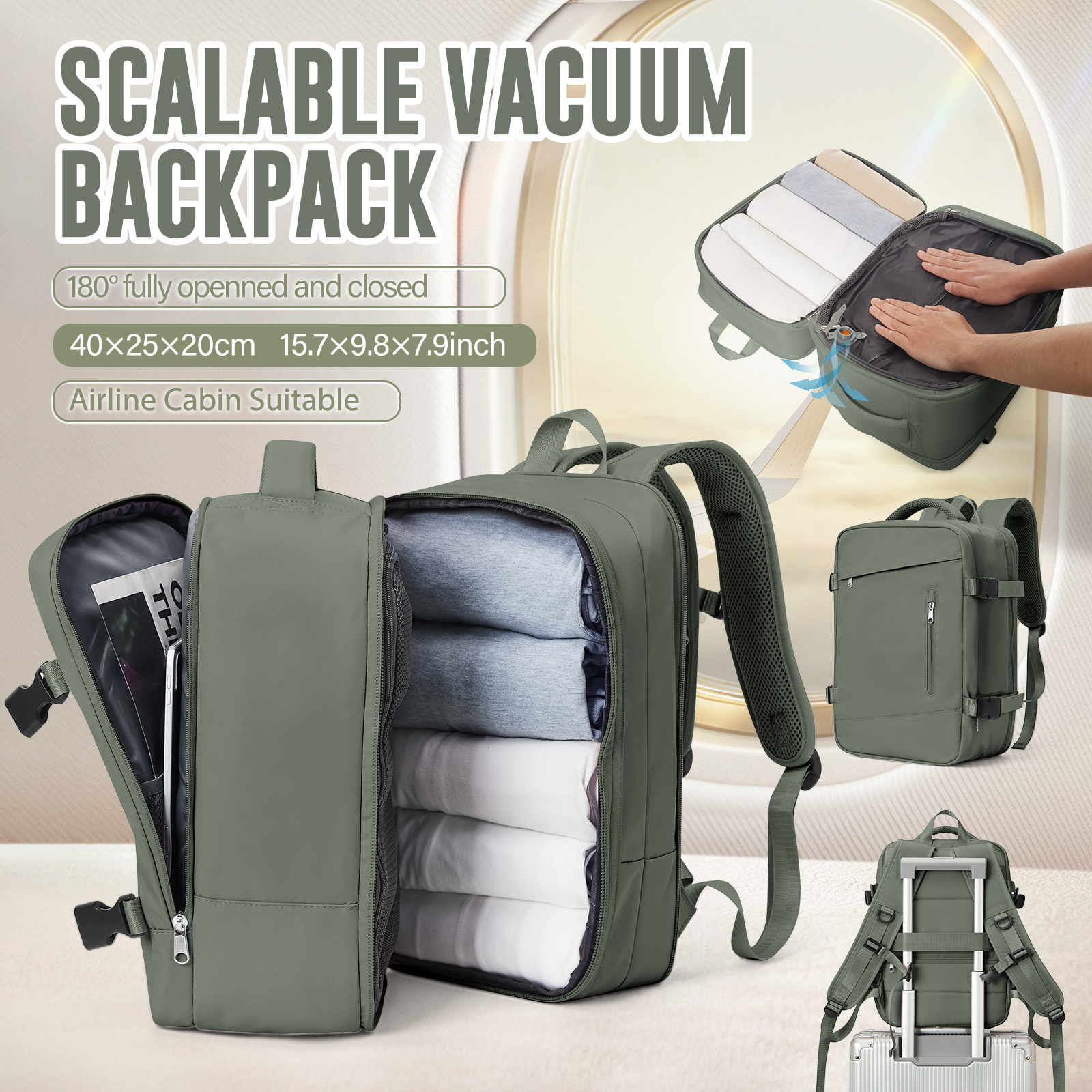 Grote reisrugzak Vacuümcompressierugzak voor dames Reizen Carry on Business Day, Ryanair-rugzak 40x20x25 reistas: green