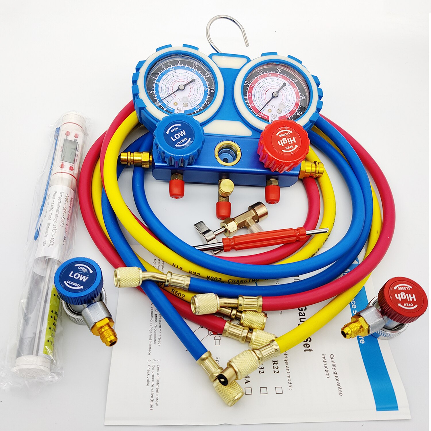 Manier Ac Gauge Set Ac Manometer Set Voor Auto R134A R407C R22 R404A Koelmiddel 3 Ventiel Automotive 5ft Slangen adapters Kan Tap