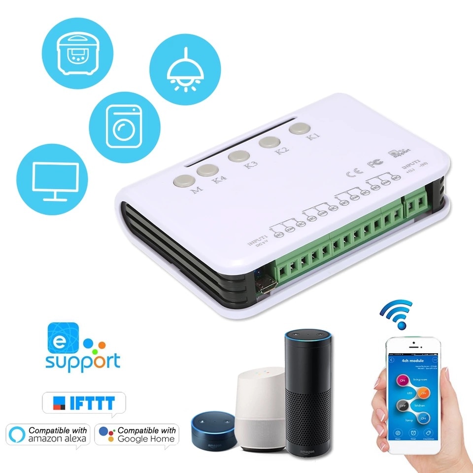 Módulo Universal inalámbrico de Control remoto inteligente para puerta de garaje, enchufe de 4 canales, CC, 5V, Wifi, temporizador, aplicación móvil, Control remoto, 5V/220V/12V