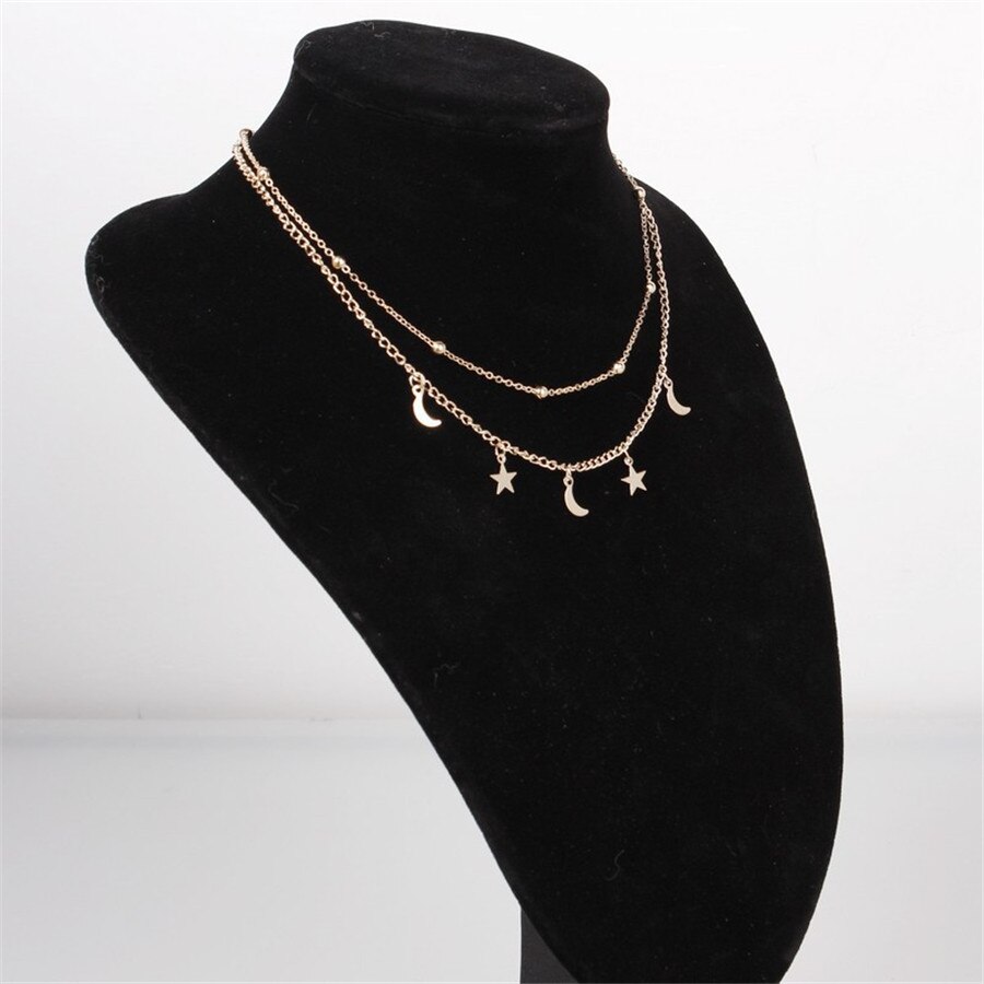 Estrela lua dupla colar curto redondo grânulo clavícula corrente collarb081