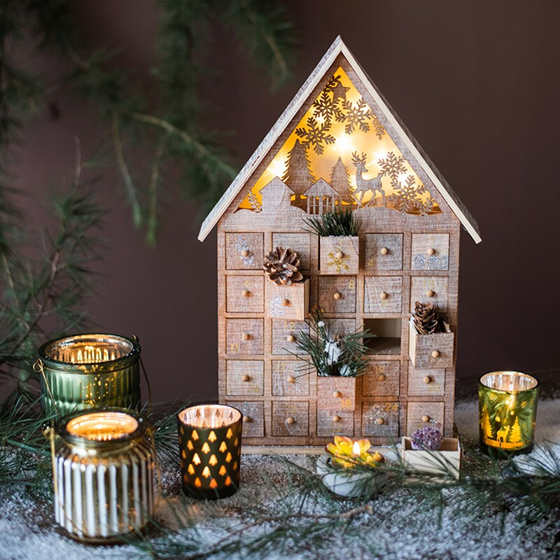 Træ jul adventskalender æske genanvendeligt hus børneslik opbevaringsboks 25 udfyldelige skuffer julepynt