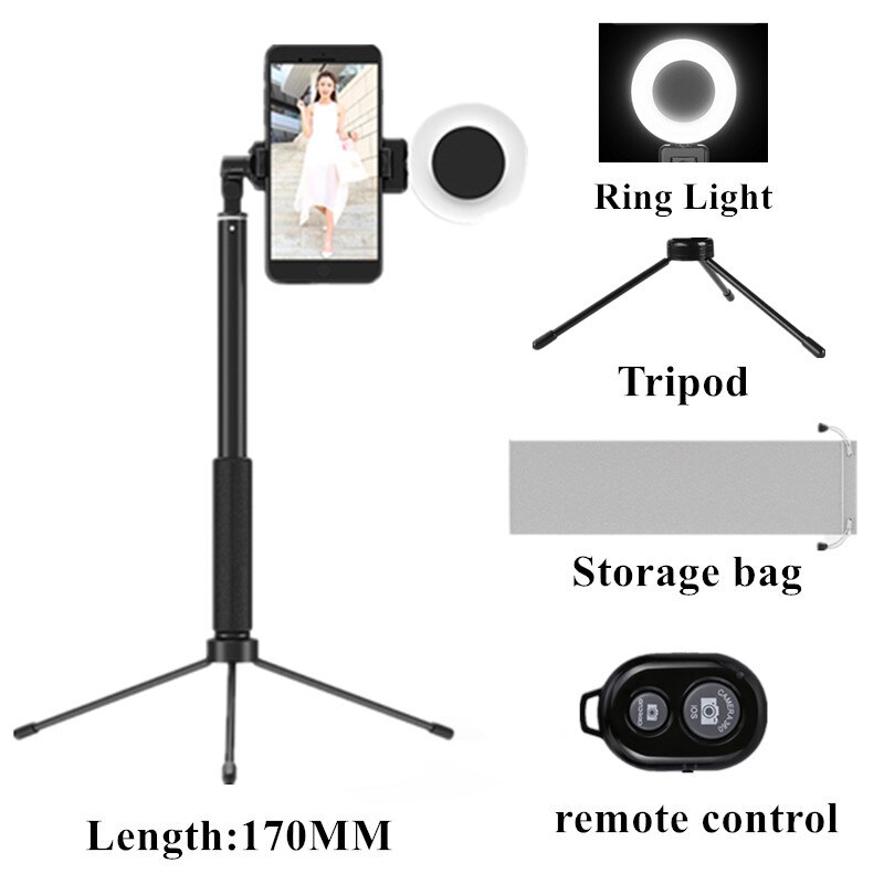 Selfie Stick LED Ring light Extendable live Tripod 1.7m Stand 4 in 1 With Monopod Phone Mount for iPhone X 8 Android smartphone: 1.7 Black control