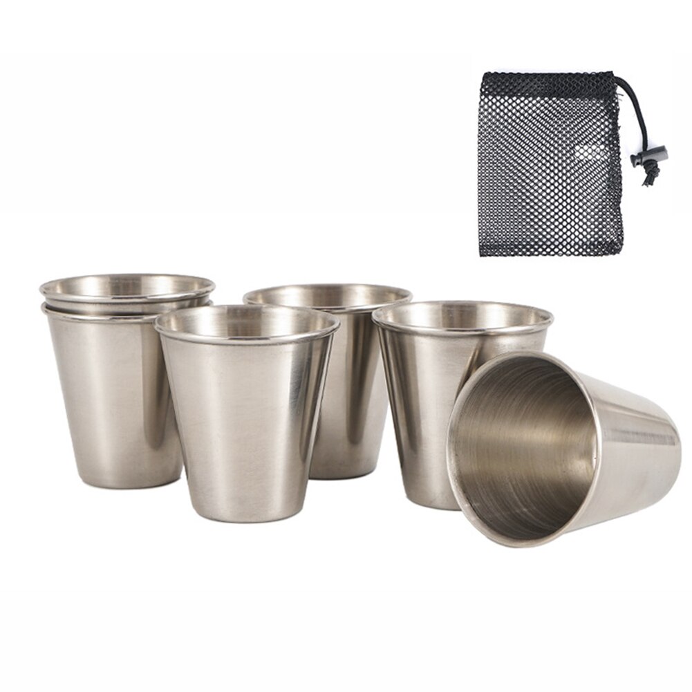 Mini taza de licor de acero inoxidable, utensilios de cocina portátiles con bolsa de malla para acampar al aire libre y senderismo, 6 uds.