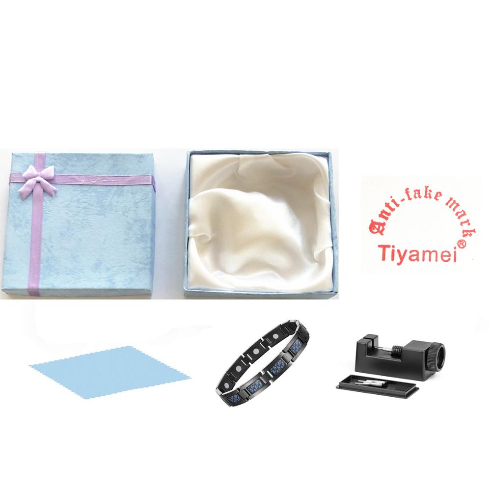 Titanio bracciale in acciaio magnetico, nero per gli uomini con il blu in fibra di carbonio, per l'artrite e da polso sollievo dal dolore, strumenti e contenitore di regalo