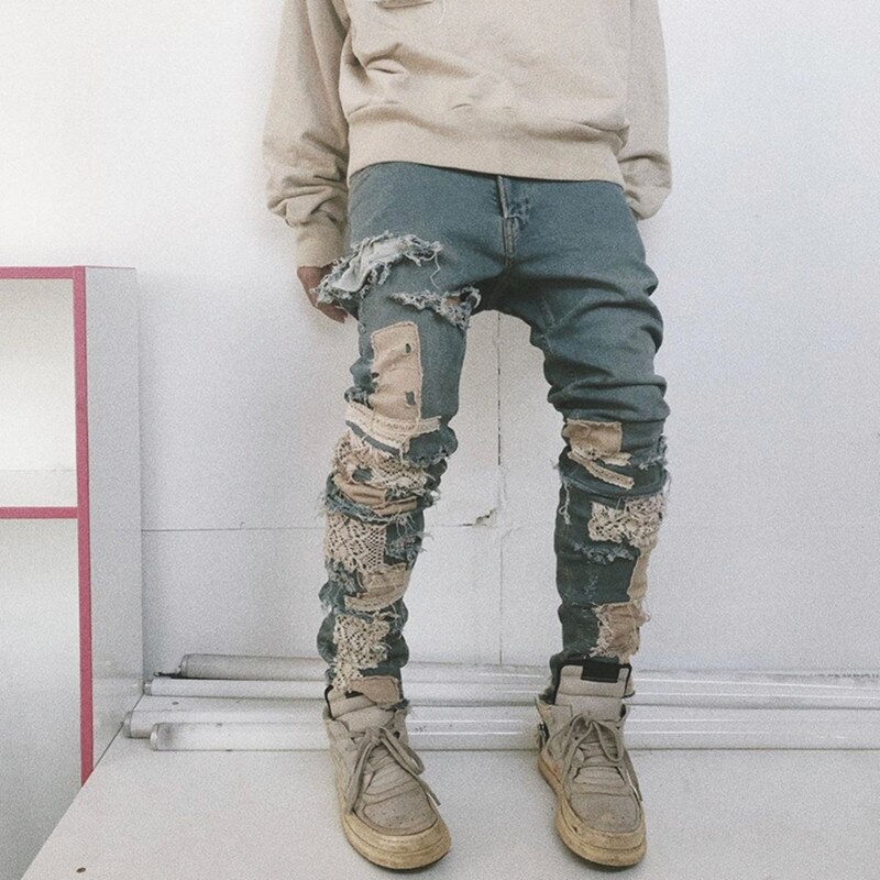 Pantalones vaqueros ajustados para hombre, Jeans rasgados rotos, estilo Hip Hop, pitillo, pantalones con parches bordados