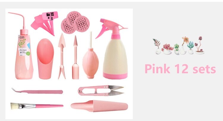 Bouteilles d'arrosage plantes miniatures | Mini ensemble d'outils à main de jardinage multifonctions plantes succulentes, outils de jardinage: Pink 12pcs