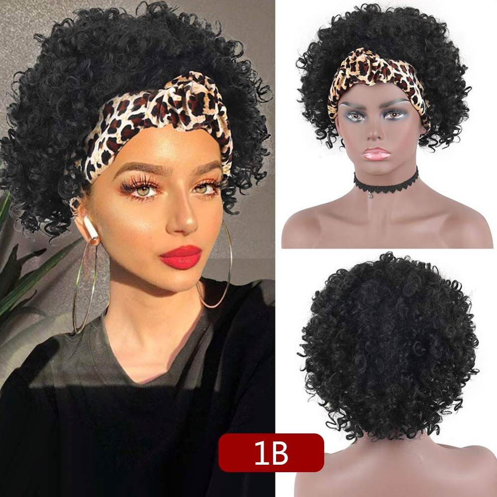 Hoofdband Pruik Trekkoord Headwrap Pruik Synthetische Korte Kinky Krullend Pruik Tulband Wrap-Pruik 2 In 1 Afro Krullend Pruik voor Zwarte Vrouwen