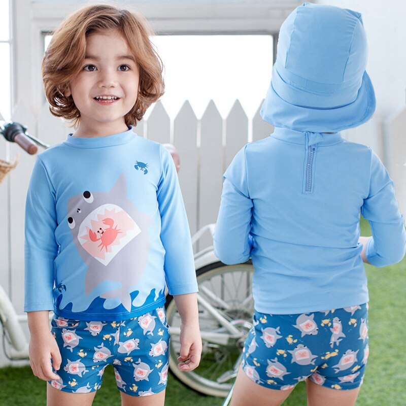 UPF50 + Badmode Kinderen Jongen Tweedelige Aparte Zwemkleding Shark Blauw Badpak Voor Kids Rash Guards Badpakken voor Een Kind