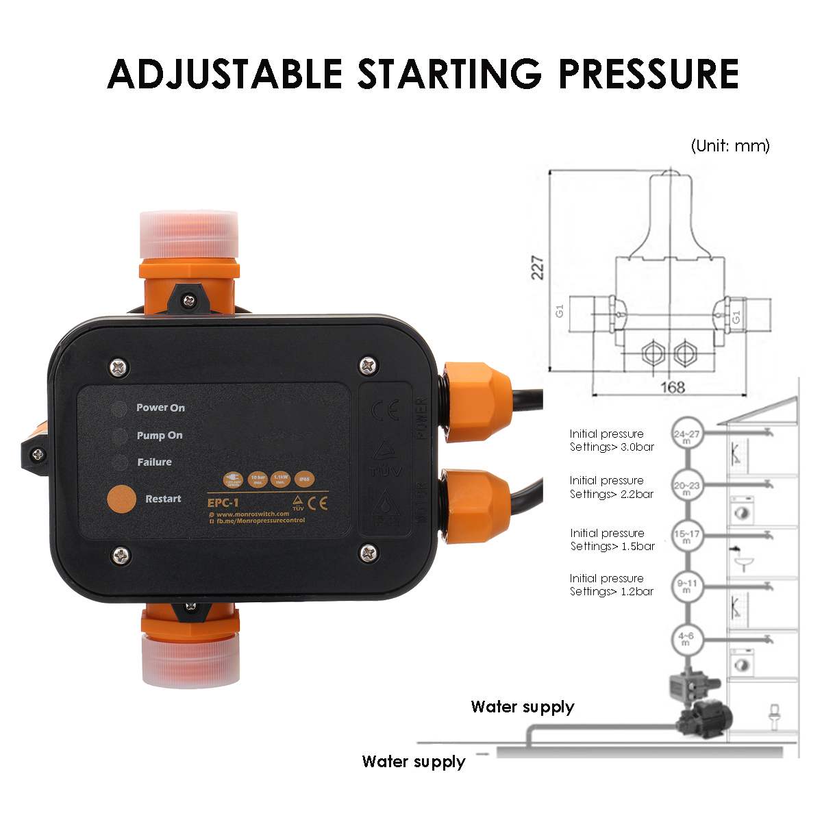 Electric Automatic Water Pump Switch Control Pressure Controller 110V-240V 10Bar Adjustable Pressure Controller Switch Pumps