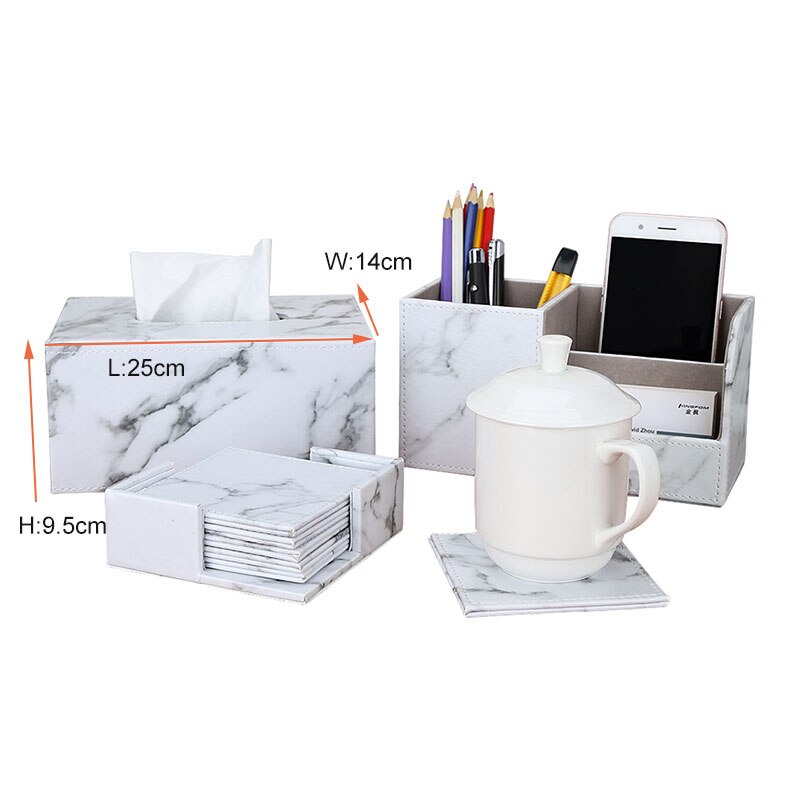 Kontorartikler marmor pu læder skrivebord arrangør sæt pen holder opbevaringsboks tissuekasse cup coaster 3 stk / sæt: T021 l