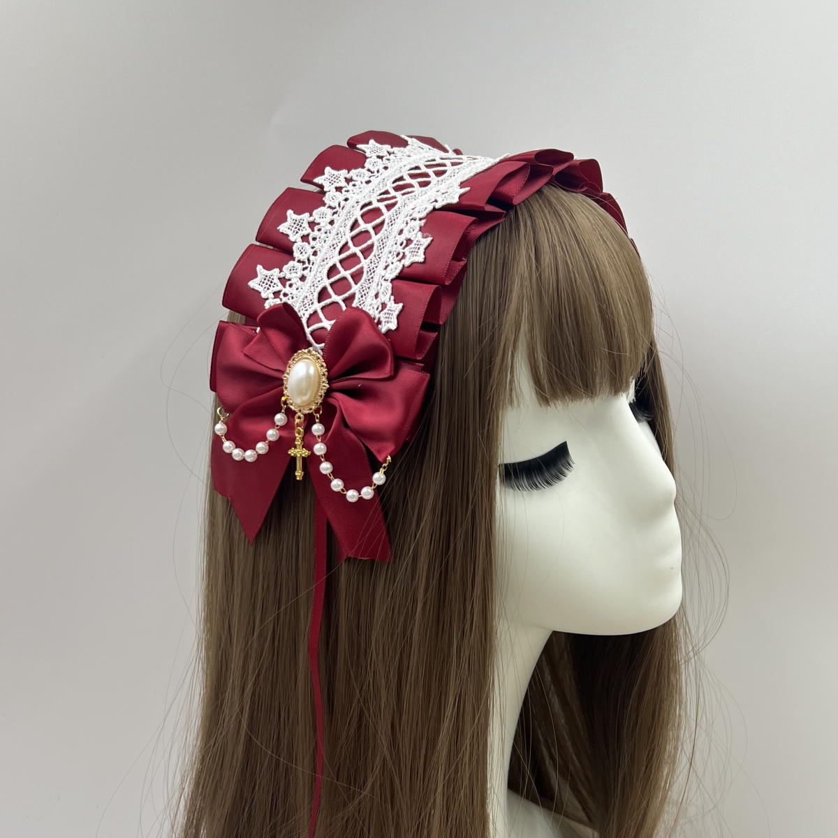 Coiffure gothique Lolita large en dentelle pour femmes, accessoires pour cheveux polyvalents faits à la main, bandeaux de Cosplay mignons, épingle à cheveux douce: Bourgogne