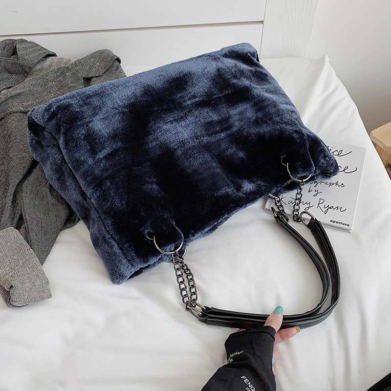 Faux Fur Women Shoulder Bag Casual Plush Lady Tote Handbag Chain Larger Capacity Shopping Bag Travel Purse Female Winter: Blue