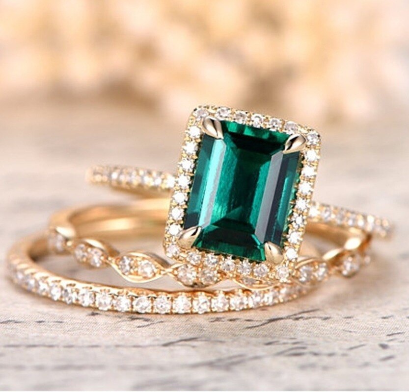 exquisit Gold Füllen Grün Kristall Zirkon schneiden Engagement Ring einstellen Edlen Schmuck