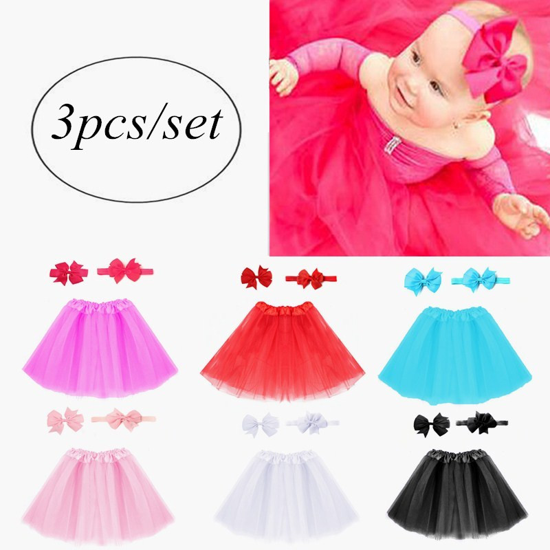 3Pcs/Set Baby Tulle Tutu Skirt Headband Hair Clip Set Girl Summer Skirt Newborn Photography Props Baby Birthday 6 Colors