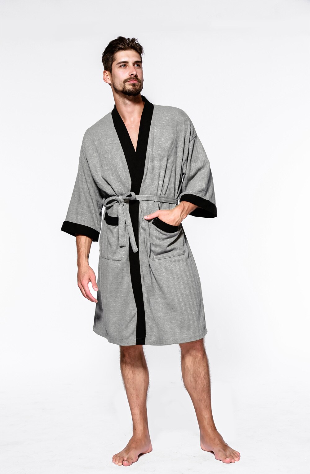 Peignoir de bain homme coton gaufre Plaid Kimono peignoir vapeur Sauna hommes Robes longues vêtements de nuit nuit printemps automne maison vêtements