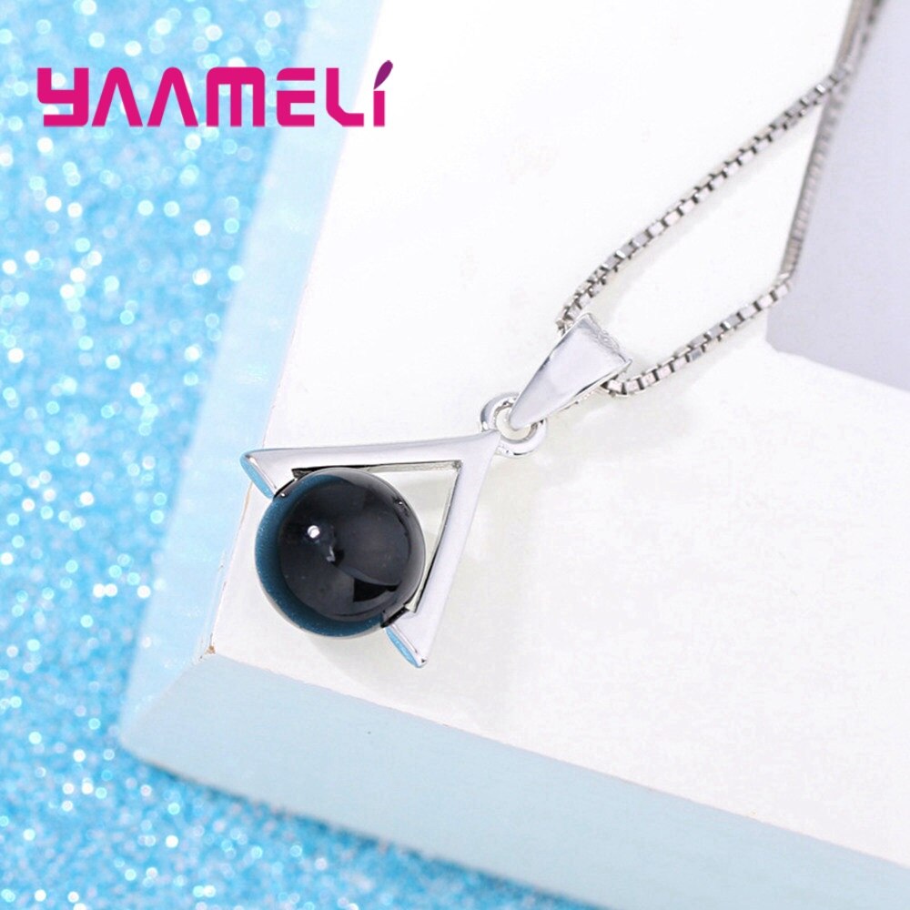 Charming Black Glass Triangle Pendant Necklace Earrings Jewelry Sets for Women Mother Solid 925 Sterling Silver