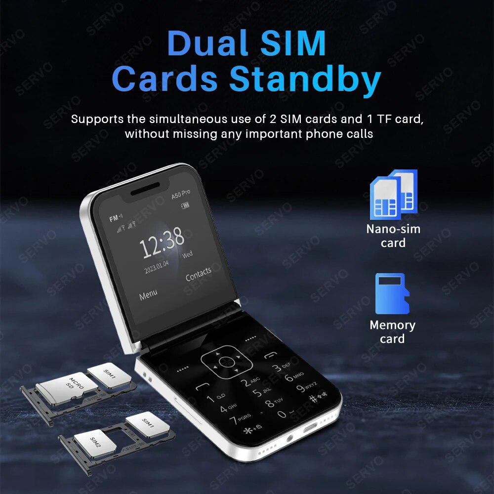 Servo a50 pro dobrável telefone móvel automático rádio fm chamada registro velocidade dial voz mágica dupla sim gsm desbloqueado celular 2.4 "tipo-c