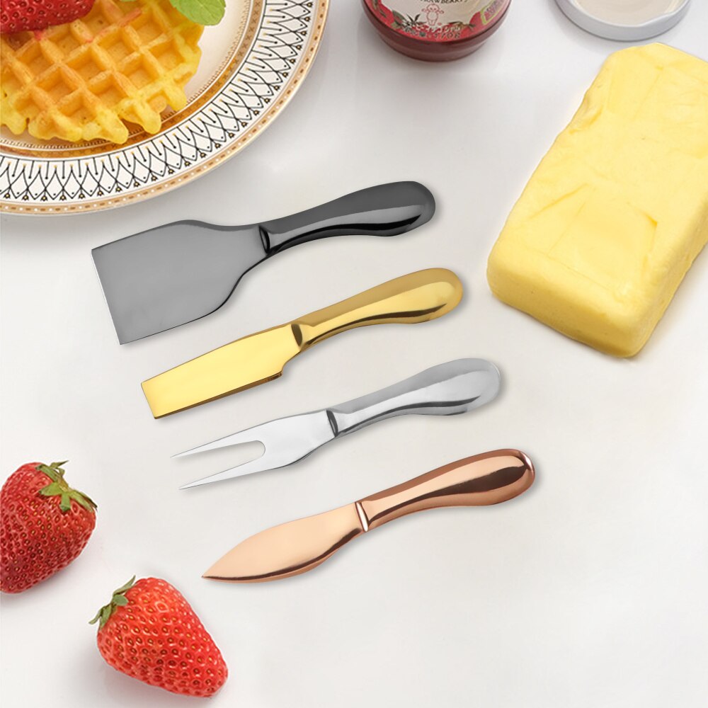 4Pcs Cheese Knife Set Complete Stainless Steel Collection Multi-Use Cheese Knives Slicer Cutter Spreader Fork