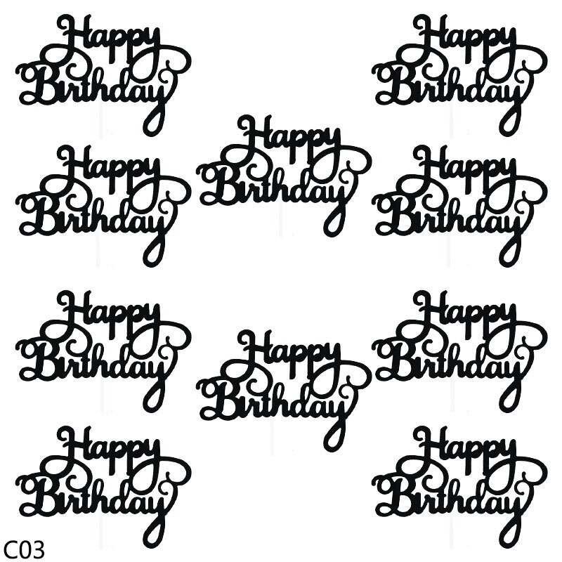 10pc Bling Glitter Happy Birthday Cake Topper For Baby Shower Kids Birthday Party Cake Baking Dessert Decor Supplies Cake Insert: C03 black