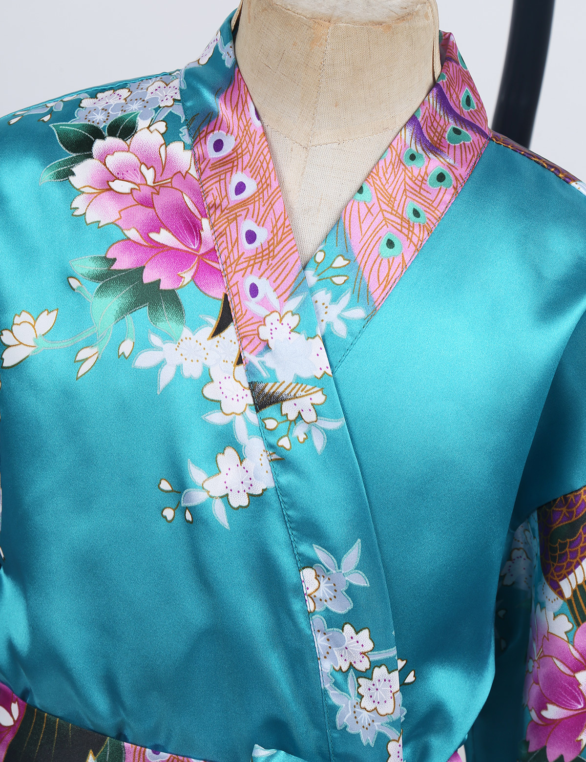Barn flickor påfågel blomma tryckt satin kimono dräkt kors omlott v-ringad dräkter morgonrock nattlinne sovkläder för spa fest födelsedag